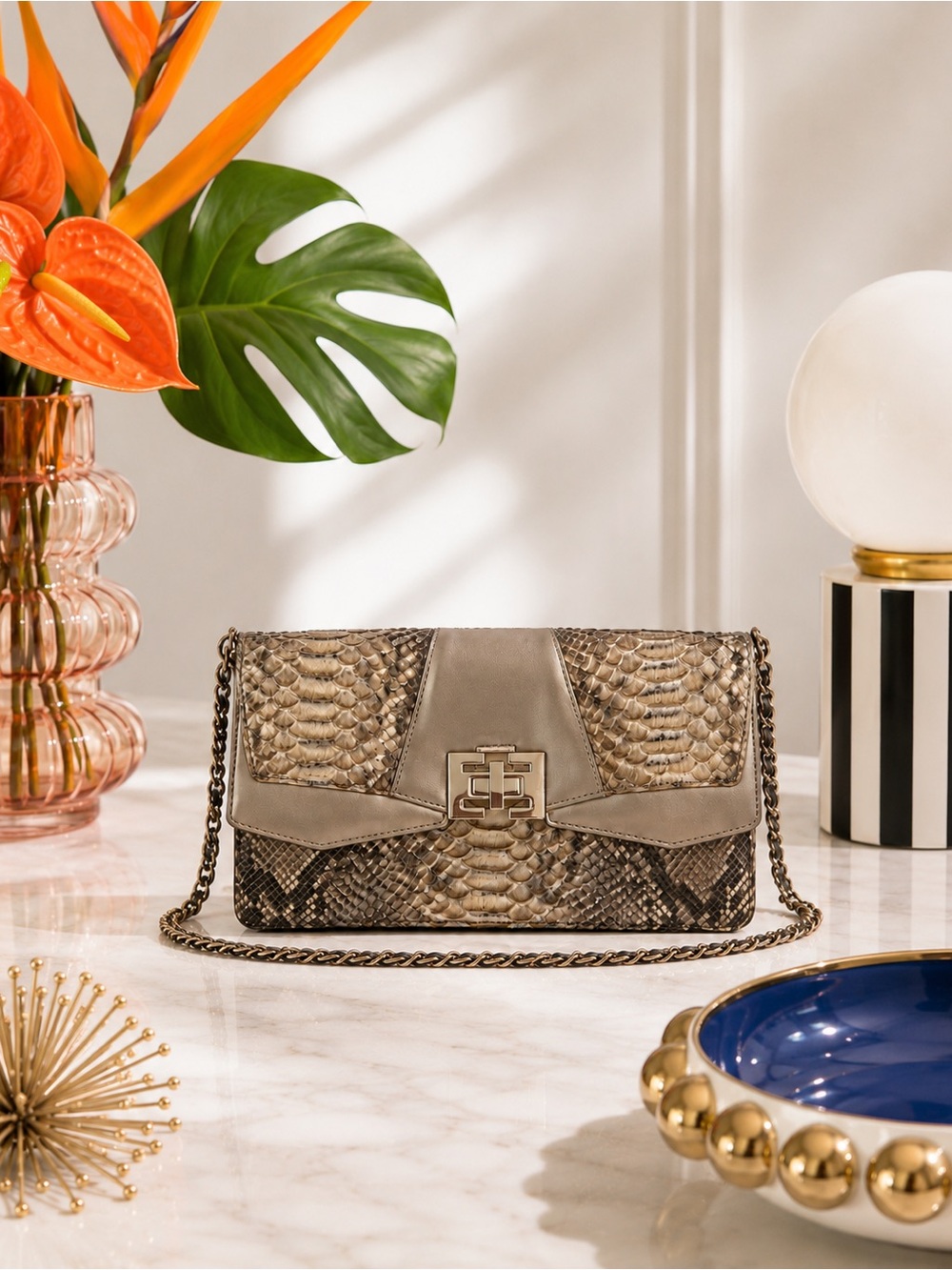 Elaine Turner Snakeskin Shoulder Bag – Neutral Python Print Evening Clutch